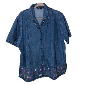 Vintage Denim Button-Up Shirt Embroidered Floral Hem Short Sleeves Size 22W  3X